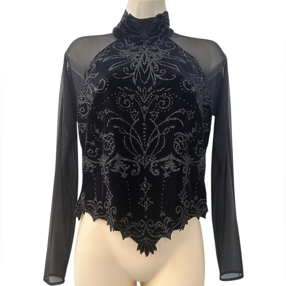 Tadashi Shoji Vintage Black Velvet Sheer Beaded Top with Mesh, Size XL